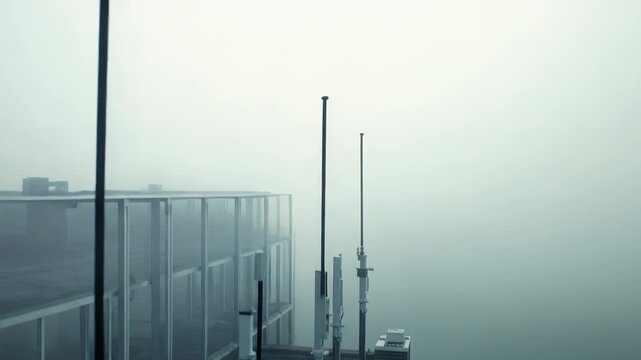 Row of scientific instruments collecting data while emerging from calm water, with dense environmental fog creating an atmospheric, mysterious, and serene scene