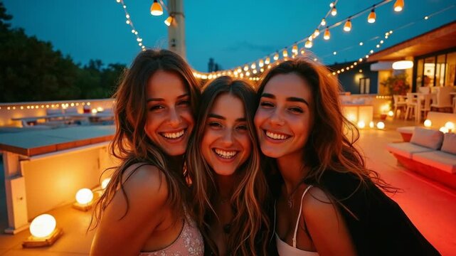 Three cheerful young women smiling and posing together at an outdoor rooftop party decorated with string lights, creating a joyful and festive evening atmosphere.