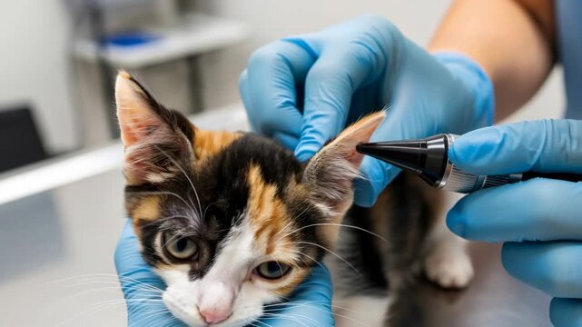 Veterinarian examines calico kittens ear with otoscope. Pet healthcare, animal clinic, and diagnostics for ear mite prevention.