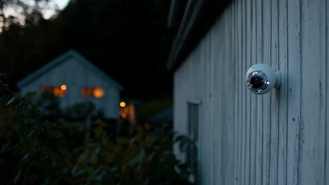 Medium shot capturing a wireless smart camera on a farmhouse wall tracking nocturnal pests active near stored produce at dusk.