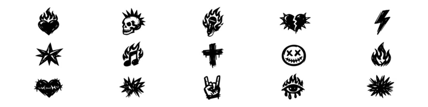 Set of 15 hand-drawn punk and rock icons including skulls, hearts, and flames. Edgy grunge vector elements for streetwear and graphic design.