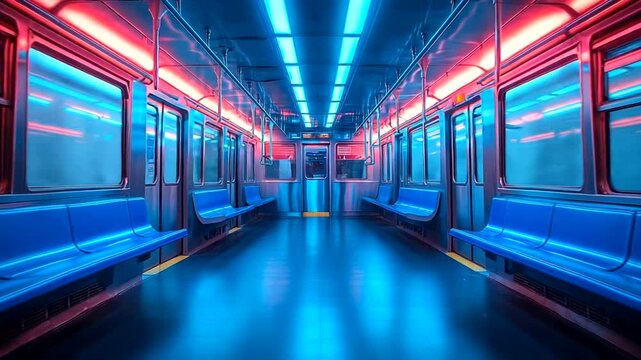 Neon-lit subway interior with empty seats and ambiance