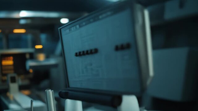 Advanced control panel with glowing screen displays and multiple levers, buttons, and switches, operating complex machinery in a dark modern internal environment