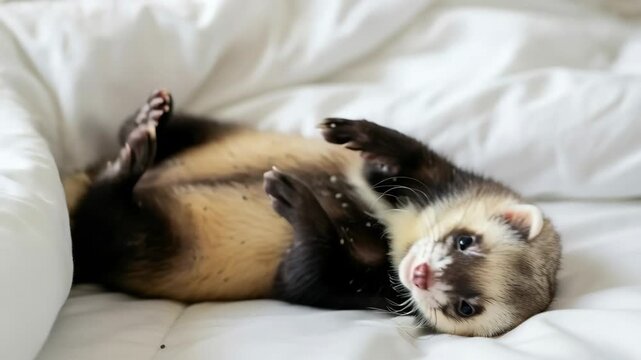 Ferret rolling and playing on a white bed, showing concern about small dark specks potentially indicating parasites or pests.