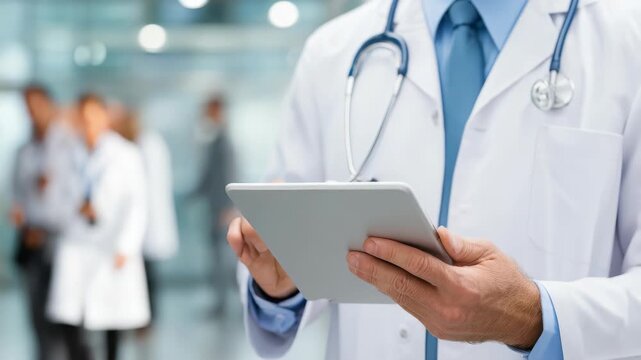 Close up of physician holding tablet, reviewing electronic health information in bright medical facility. Advanced technology and digital healthcare solutions in contemporary clinical environment