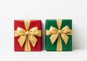 Two gift boxes with gold ribbons on white background isolated on white background