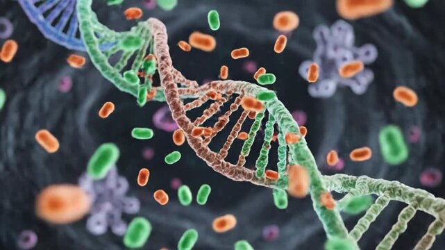 DNA helix with bacteria and viruses, microscopic view, genetic science concept