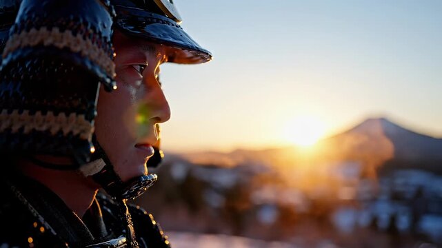 A samurai warrior looks contemplatively towards the dramatic sunset. His traditional armor shines, with a majestic mountain in the distant background.