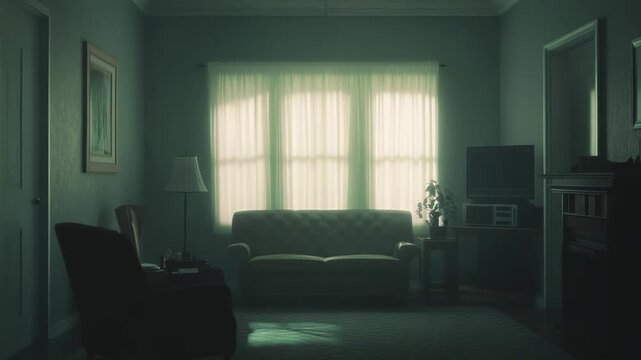 Living room interior with sofa and armchair in shadow, soft light filtering through window curtains, and vintage furnishings creating a silent, nostalgic scene