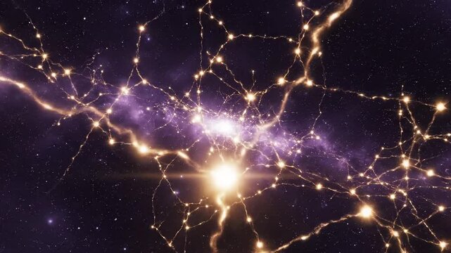 Glowing nodes form an interconnected abstract network. Pulsating energy flows through a digital web in deep outer space.