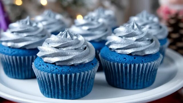 Blue velvet cupcakes with shiny silver frosting on a white plate. Festive holiday dessert for a christmas or new years party celebration with sparkling glitter details