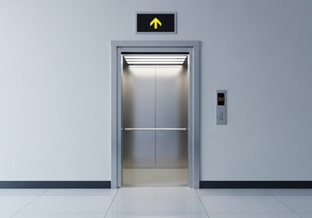 Modern building interior features an open metallic lift with illuminated floor indicator signaling upward travel