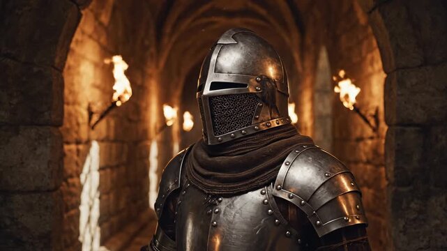 Armored medieval knight stands in a torch-lit castle hallway. Full plate armor reflects the warm glow. A historical, fantasy themed scene.