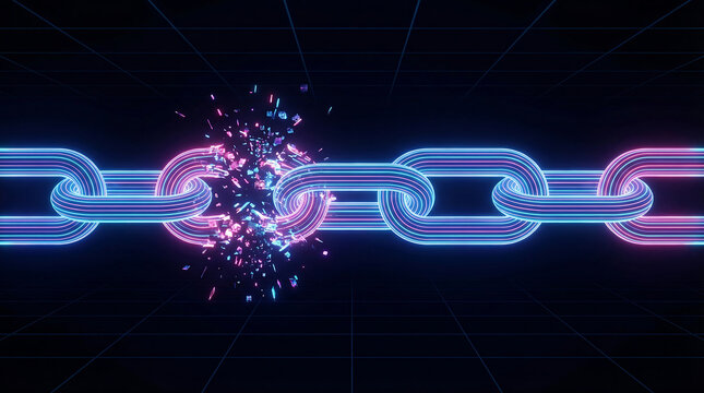 Breaking free from blockchain neon chain link breaks apart cryptocurrency concept digital art futuristic design