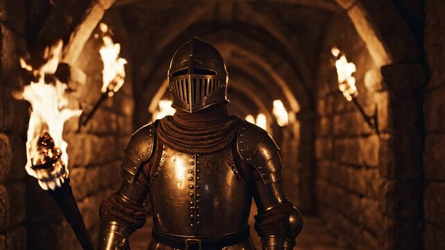 A knight stands in a dark stone tunnel. He wears full shining armor and holds a flaming torch. Ominous atmosphere fills the ancient dungeon.