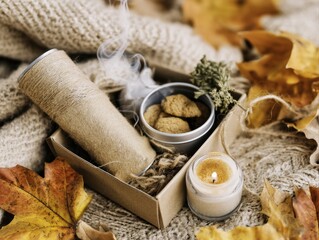 Fototapeta premium A cozy surprise care package unwrapped, featuring cookies, a candle, and a cheerful plant surrounded by autumn leaves.