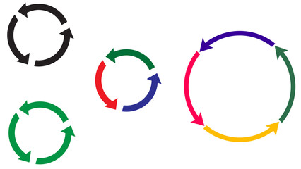 Collection of cycle icons in various colors and sizes: black, red/blue/green, purple/green/yellow/pink, and green. Versatile for presentations, infographics, and process diagrams.