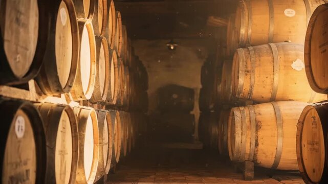 Medium shot of a barrel aging room with warm side lighting highlighting wooden textures and aged barrels stacked in symmetrical rows creating a cozy rustic ambiance.