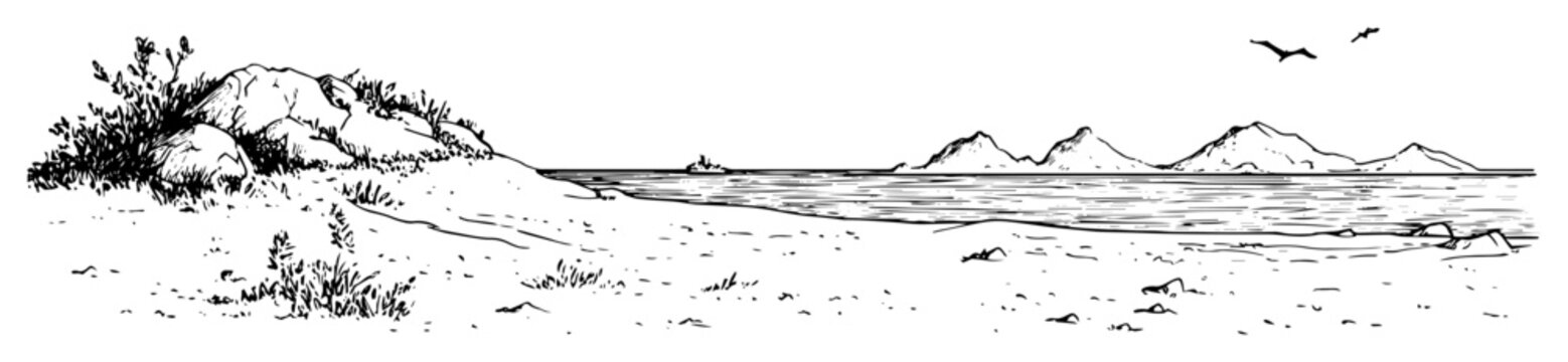 Coastal landscape with sandy beach and distant mountains hand-drawn vector