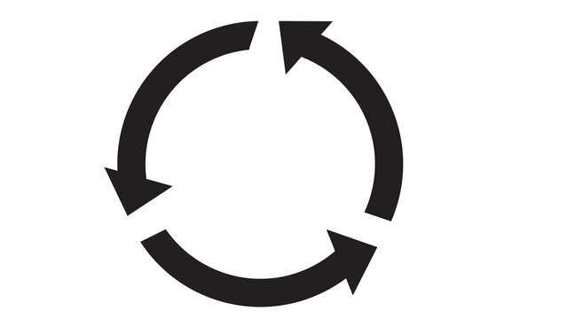 Three black arrows forming a continuous rotation or cycle. Simple and bold graphic representing process, repetition, or recycling.