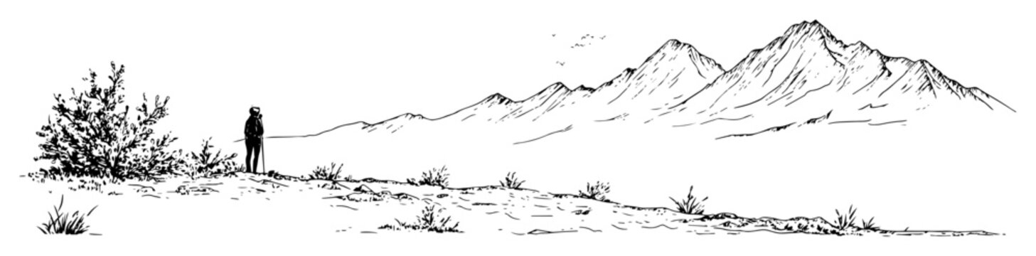 Hiker looking at mountain range minimal line art illustration