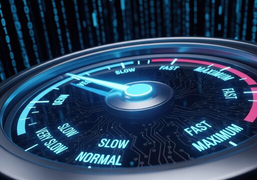 Digital speed indicator shows performance gauge pointing toward high setting against background of cascading binary code