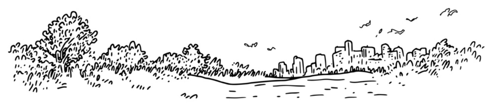 Urban skyline with forest park and birds hand-drawn scene
