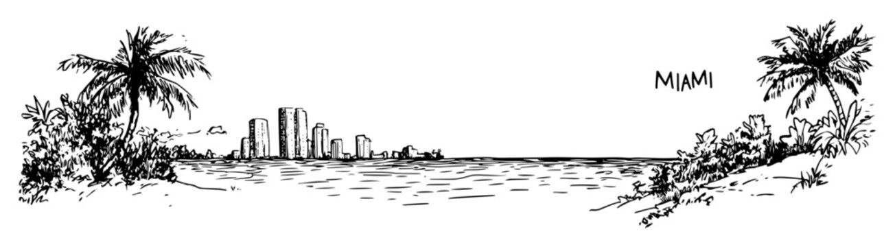 Miami beach with palm trees and skyline hand-drawn tropical vector