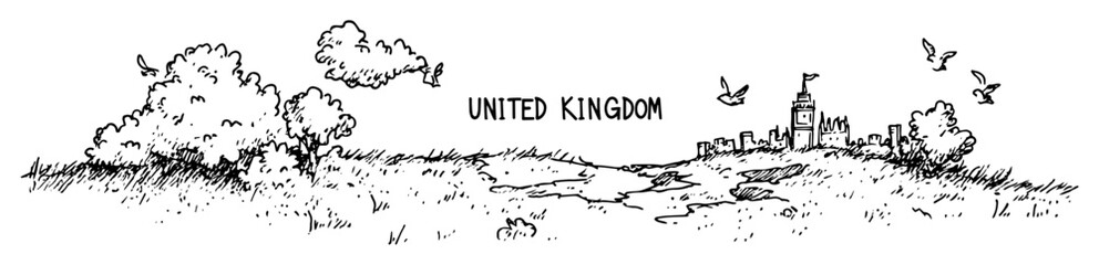 United kingdom countryside with castle and trees hand-drawn scene © Kaz