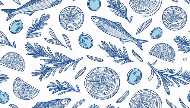 simple seamless pattern fish sardine herring olives lemon slices tomato rosemary branch mediterranean diet seafood blue outline on white background for prints of packaging products