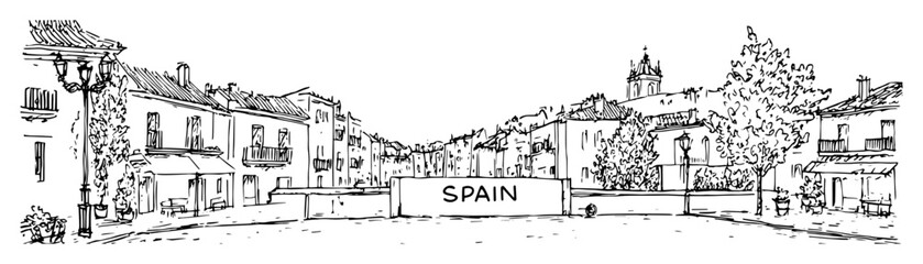 Spain street scene with traditional buildings hand-drawn urban vector