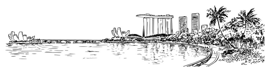 Singapore waterfront with skyline and palms hand-drawn cityscape © Kaz