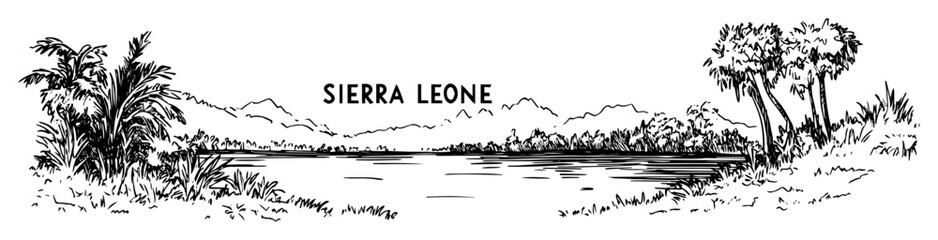 Sierra leone river landscape with vegetation and mountains hand-drawn vector © Kaz