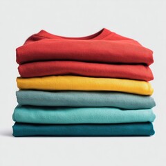 Stack of colorful, folded crew neck shirts against a plain white background