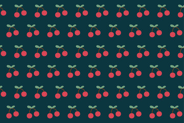 Seamless pattern featuring flat vector illustrations of small red cherries with green leaves scattered randomly across a dark teal or navy blue background