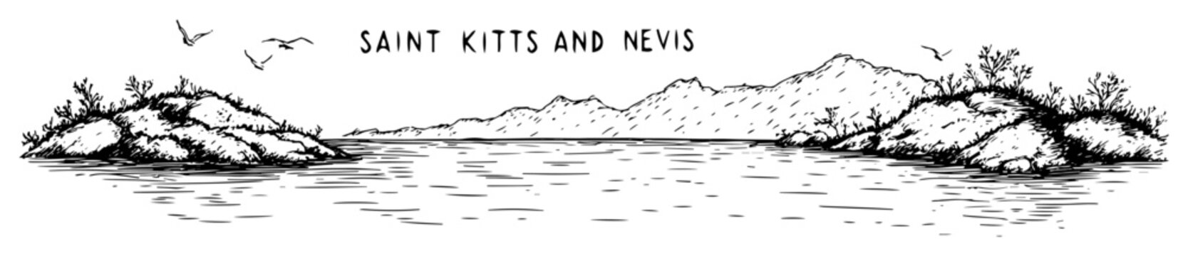 Saint kitts and nevis island with mountains and shoreline hand-drawn vector
