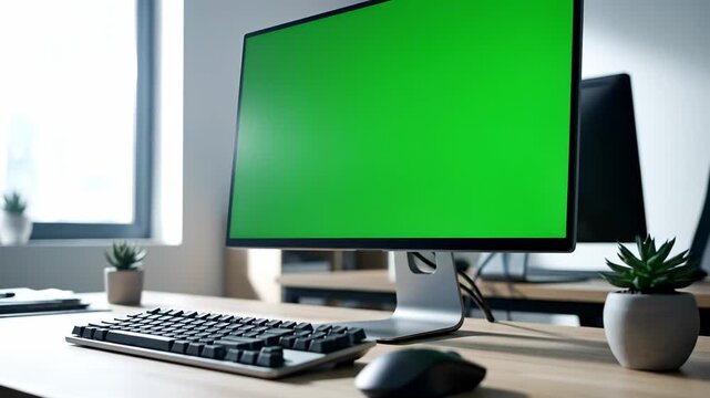 Modern desktop computer with a green screen on a wooden office desk. Bright contemporary workplace setup for technology presentations.