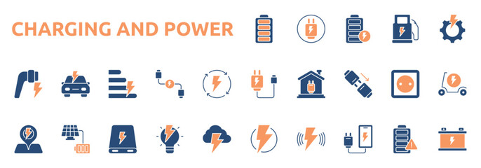 Charging And Power icon two color style with battery, plug, charging, fuel, efficiency, cable, connector, socket icons