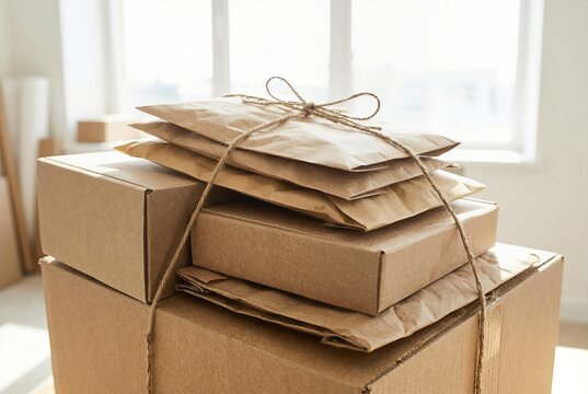 Stack of eco-friendly recycled cardboard boxes and brown paper mailer envelopes tied with jute rope twine. Sustainable packaging and zero waste shipping concept in bright interior.