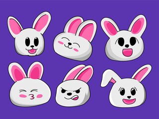 Cute cartoon rabbit face expressions set, cute bunny face cartoon collection set, sticker for print