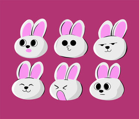 Cute cartoon rabbit face expressions set, cute bunny face cartoon collection set, sticker for print