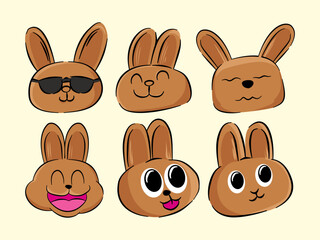 Cute cartoon rabbit faces with various expressions of collection set, collection of a emoticon rabbit bunny, sticker for print