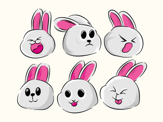 Set of Collection Cute cartoon rabbit faces with various emotions and expressions
