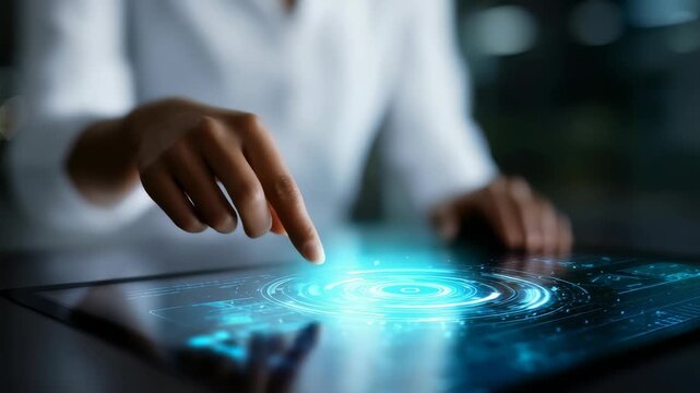 Close up of a hand using a glowing virtual interface on a tablet, symbolizing progress in digital technology. The image conveys innovation, connectivity, and the future of human computer interaction