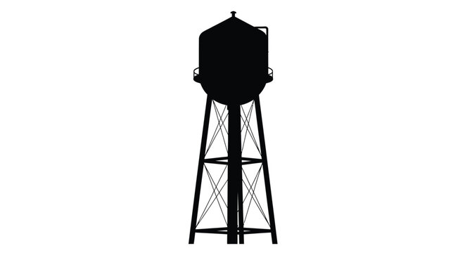 A striking black silhouette of a water tower against white background