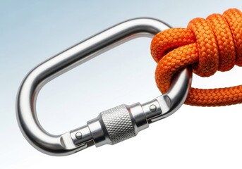 Fototapeta premium Metallic safety clip securely fastened to thick braided rope against a light gradient background