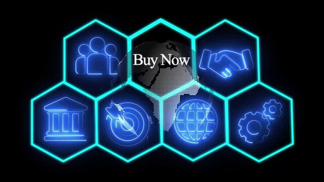 Glowing neon line Buy Now concept button on a visual display. abstract technology background with rotating world map icon, Business, Technology, Internet and networking concept 4k Video.