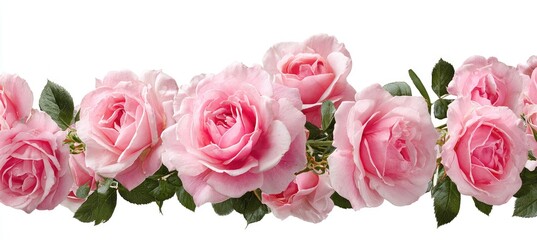 A delicate border of soft pink roses with green leaves on a white background