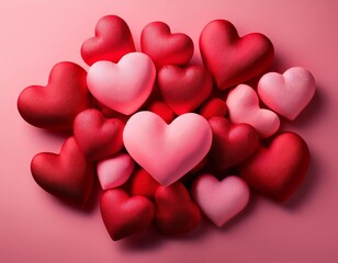 Fototapeta premium pile of red and pink heart shapes on a pink background
