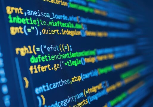 Illuminated text displays lines of colorful programming script on a dark screen.